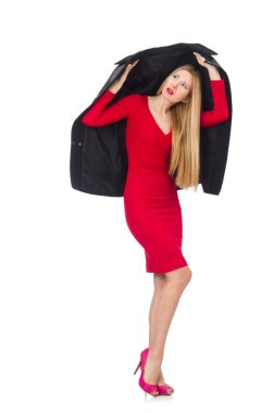 Sarışın kadın üzerinde beyaz izole yağmur gizleme