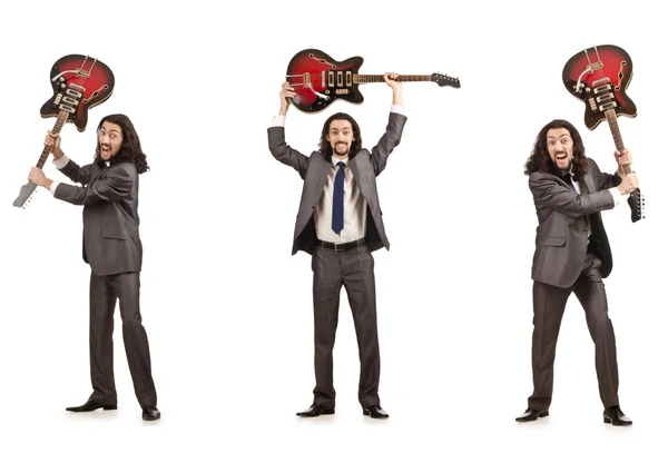 Guitarrista divertido aislado en blanco —  Fotos de Stock