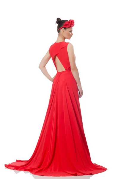 Pretty caucasian model in red long evening dress — Stock Photo, Image