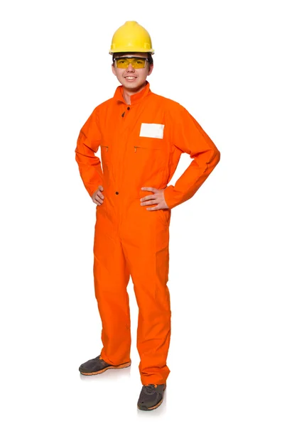 Man in oranje overall geïsoleerd op wit — Stockfoto