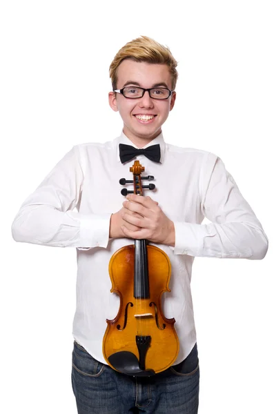 Молодой смешной скрипач изолирован на белом — стоковое фото