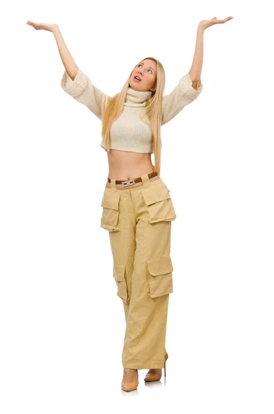 Pretty woman in beige trousers isolated on white — Stock Photo, Image