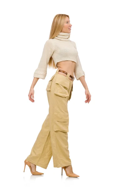 Mujer bonita en pantalones beige aislados en blanco —  Fotos de Stock