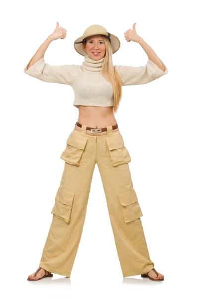 Mujer bonita en pantalones beige aislados en blanco — Foto de Stock