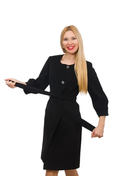 Hübsche blonde Frau in schwarzem Mantel isoliert auf weißem Grund — Stockfoto
