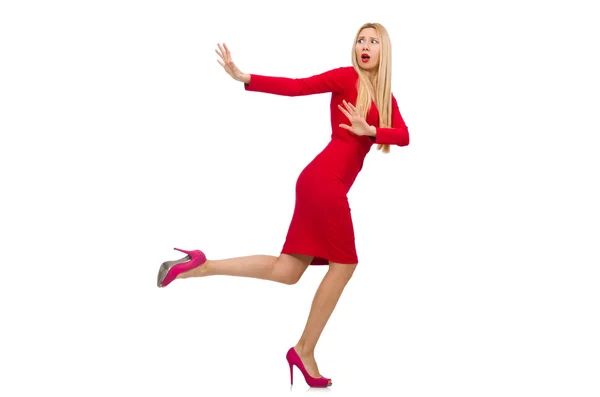 Jovem alta em vestido vermelho isolado em branco — Fotografia de Stock