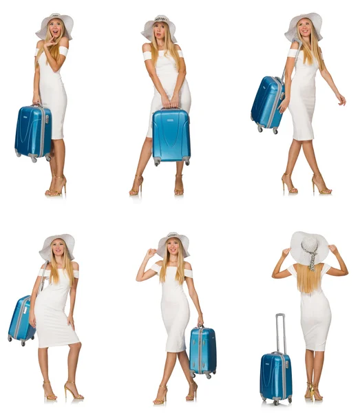 Femme voyageuse avec valise isolée sur blanc — Photo