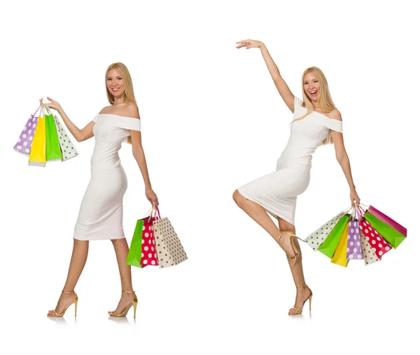 Donna con shopping bags isolata su bianco — Foto Stock