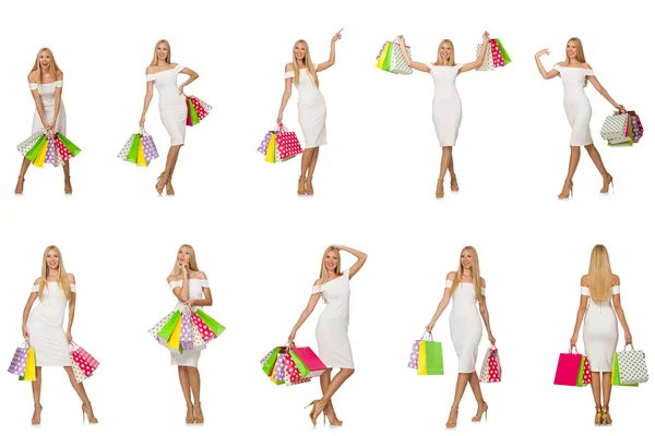 Donna con shopping bags isolata su bianco — Foto Stock