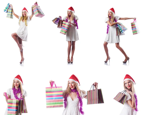 Mulher com sacos de compras isolados em branco — Fotografia de Stock