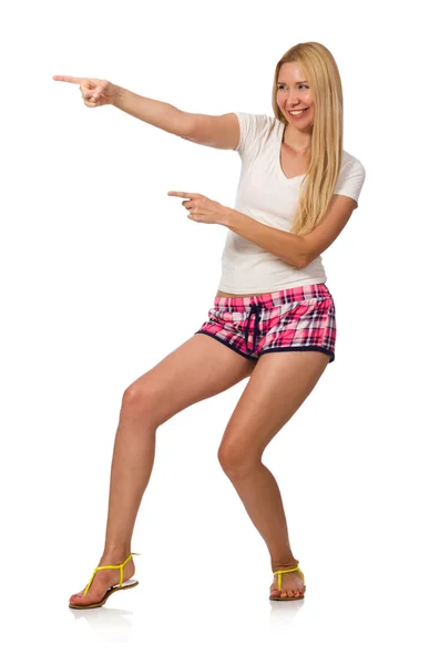 Junge Frau in rosa karierten Shorts isoliert auf weiß — Stockfoto