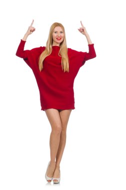 Kırmızı elbiseli güzel bir kız, beyaz tenli.