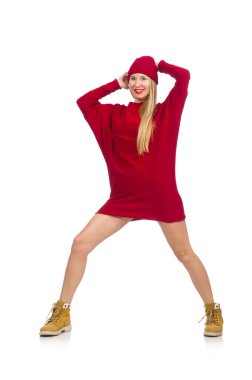 Kırmızı elbiseli güzel bir kız, beyaz tenli.