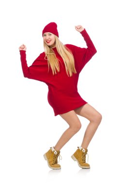 Kırmızı elbiseli güzel bir kız, beyaz tenli.