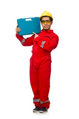 Beyaz tulumlu adam izole edilmiş.