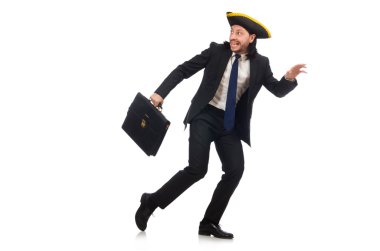 Tılsımlı ve çantalı iş adamı beyaza izole edilmiş.