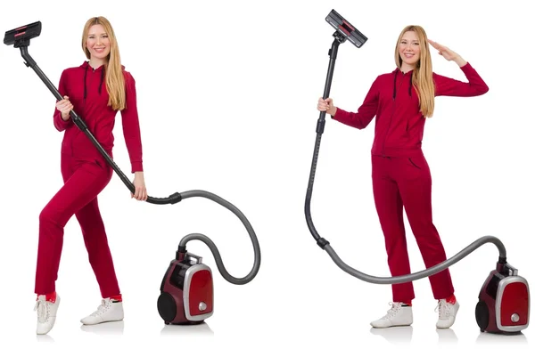 Young woman with vacuum cleaner on white — Stock Photo, Image