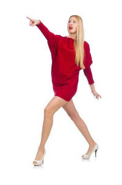 Mooi meisje in rood jurk geïsoleerd op wit — Stockfoto