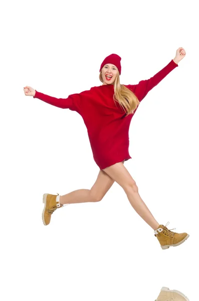 Menina bonita em vestido vermelho isolado no branco — Fotografia de Stock