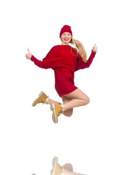 Menina bonita em vestido vermelho isolado no branco — Fotografia de Stock