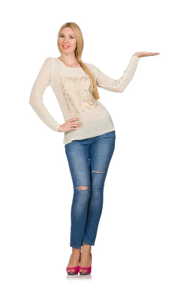 Blond hair woman posing in blue jeans isolated on white — Stock Photo, Image