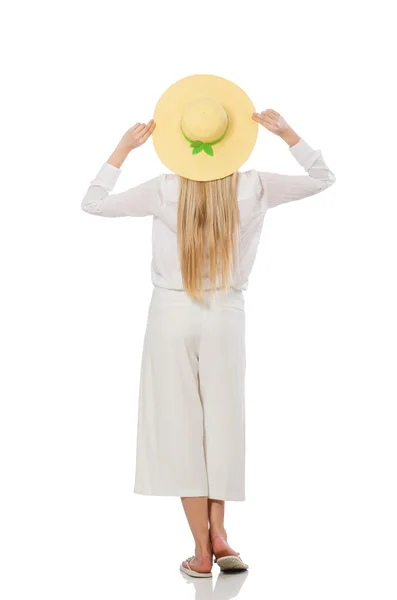 Modelo de cabelo loiro em elegantes calças queimadas isoladas em branco — Fotografia de Stock