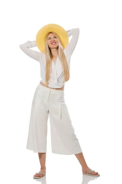 ホワイトに隔離されたエレガントなフレアパンツのブロンドの髪モデル — ストック写真