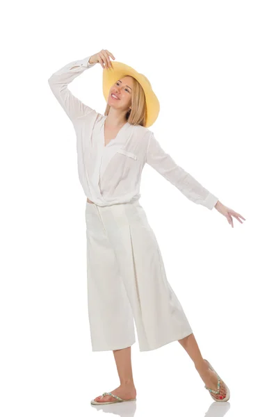 Blond hair model in elegant flared pants isolated on white — Stock Photo, Image