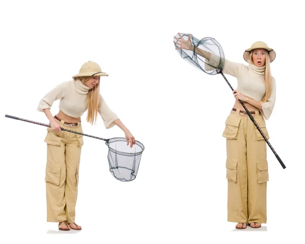 Mujer con red de captura en blanco — Foto de Stock