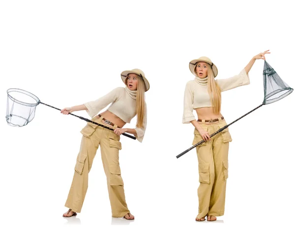 Woman with catching net on white — Stock Photo, Image