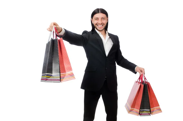 Traje negro hombre sosteniendo bolsas de plástico aisladas en blanco —  Fotos de Stock