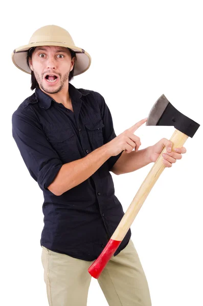 Hombre con hacha aislada en blanco — Foto de Stock