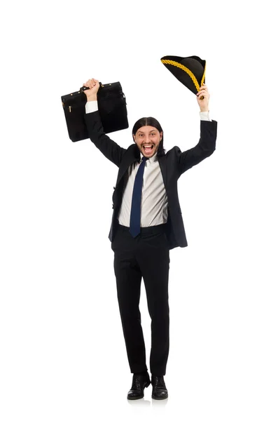 Homme d'affaires avec tricorne et mallette isolé sur blanc — Photo