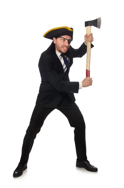 Hombre de negocios pirata con hacha aislada en blanco —  Fotos de Stock