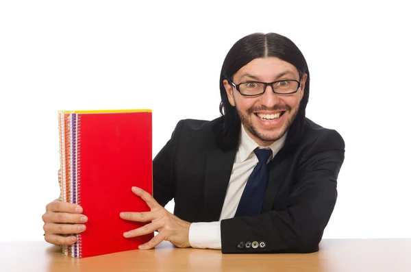 Podnikatel drží notebooky izolovaných na bílém — Stock fotografie