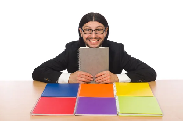 Empresário segurando cadernos isolados em branco — Fotografia de Stock