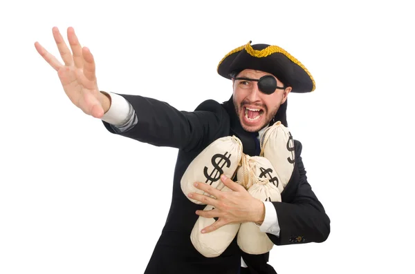 白で隔離お金の袋を保持している海賊実業家 — ストック写真