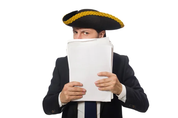 Hombre de negocios pirata sosteniendo papeles aislados en blanco —  Fotos de Stock