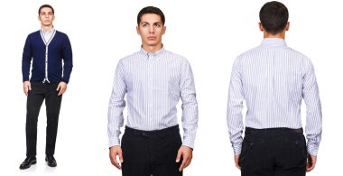 Moda konsepti olan genç bir adam beyazlara izole edilmiş.