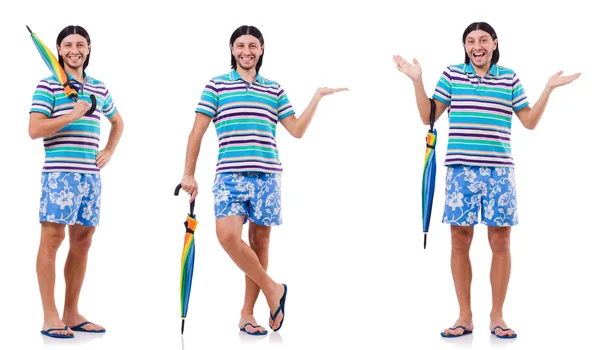 Homem positivo com guarda-chuva colorido isolado em branco — Fotografia de Stock