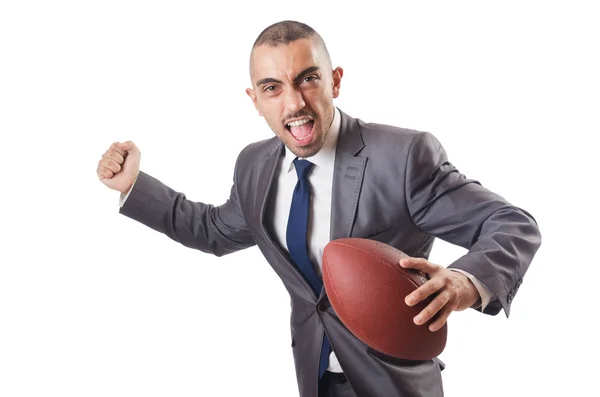 Hombre con pelota de fútbol americano aislado en blanco — Foto de Stock