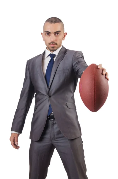 Uomo con palla da football americano isolato su bianco — Foto Stock