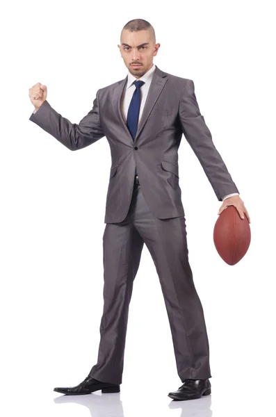 Hombre con pelota de fútbol americano aislado en blanco — Foto de Stock