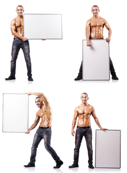 Man with blank poster on white — Stock Photo, Image