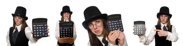 Donna divertente con calcolatrice isolata su bianco — Foto Stock