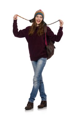 Sırt çantalı gülümseyen öğrenci beyaza izole edilmiş.