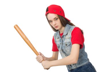 Güzel kız beyaz izole beysbol sopası holding