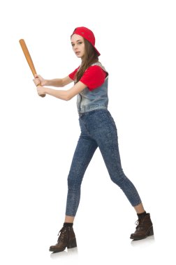 Güzel kız beyaz izole beysbol sopası holding