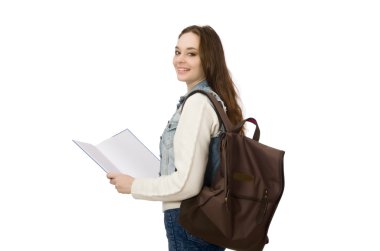 Ders kitaplarını beyaz üzerine saklayan güzel öğrenci.