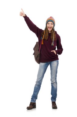 Sırt çantalı gülümseyen öğrenci beyaza izole edilmiş.